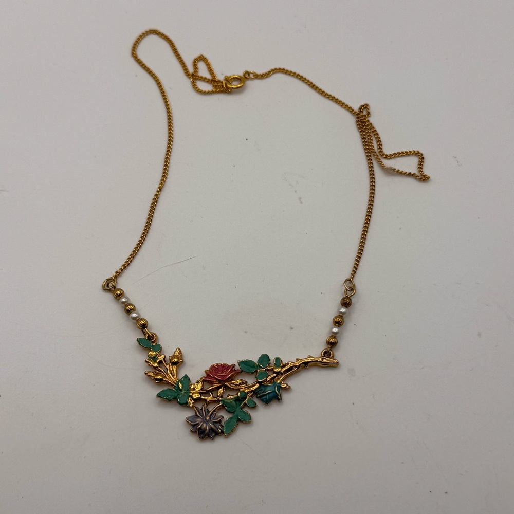 Gold-Tone Floral Pendant Necklace with Green and Red Enamel Art brand